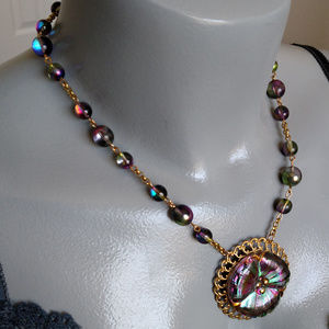 Czech pendant necklace iridescent vitrail flower